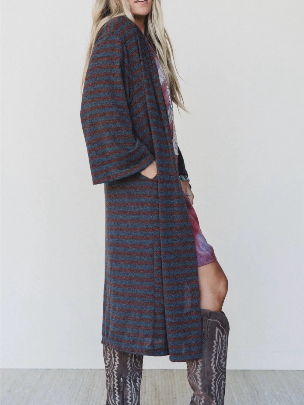 Three Bird Nest Striped Knit Duster in Teal and Rust